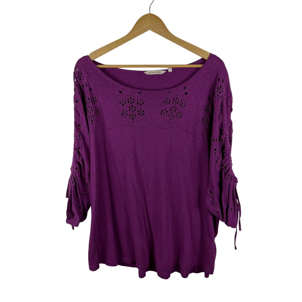 Soft Surroundings Purple Eyelet Ruched Tie Sleeve‎ Top 3X Stretch Comfy Cottage